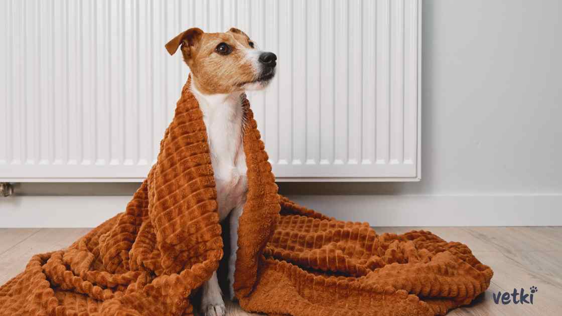 malý pes schoulený v dece u topení, zimní pohodlí a teplo doma